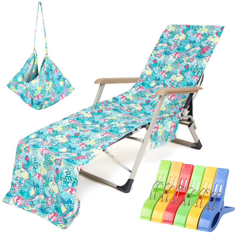 VOCOOL Beach Chair Towel Chaise Lounge Cover with Pockets and Clips Pool Chair Towel for Outdoor Patio Garden(Green) - Image 1